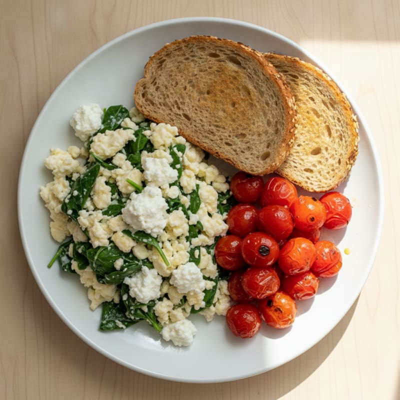 Egg White and Spinach Scramble with Cottage Cheese and Cherry Tomatoes