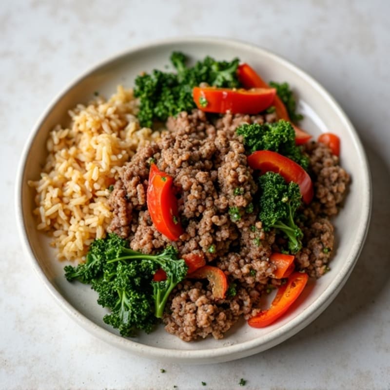 Lean Ground Beef and Rice Skillet with Sautéed Greens