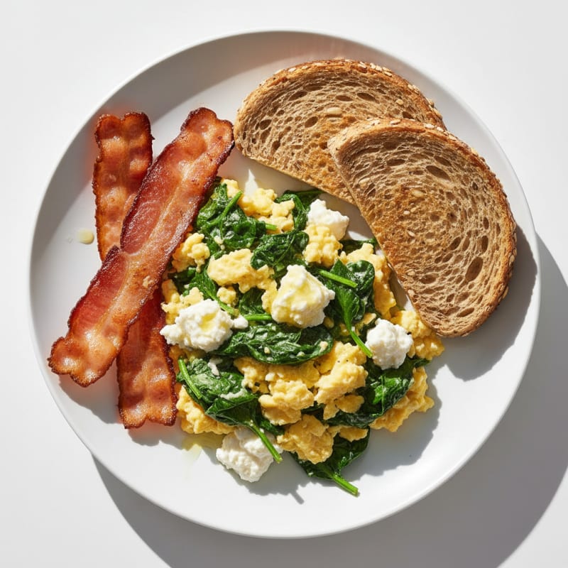 Cottage Cheese Scramble with Turkey Bacon and Sautéed Spinach