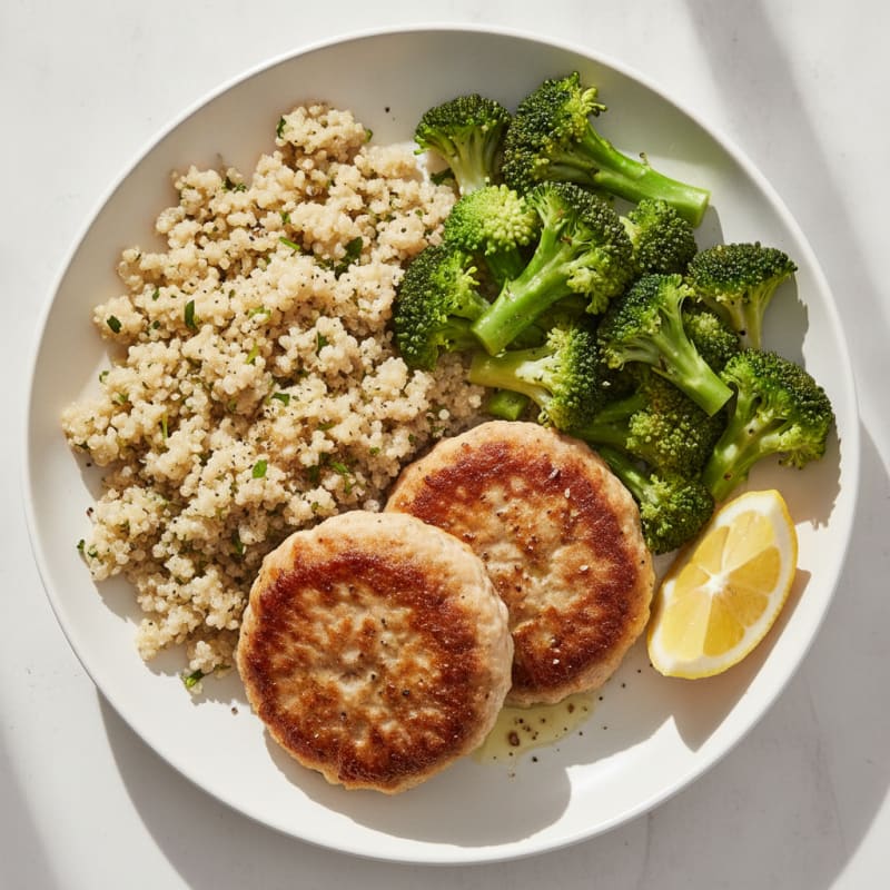 Seared Turkey Patties with Steamed Broccoli and Quinoa