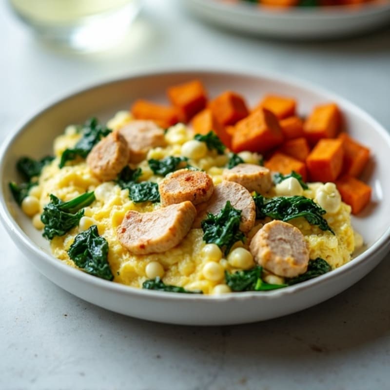 Egg White and Turkey Spinach Scramble with Roasted Sweet Potato