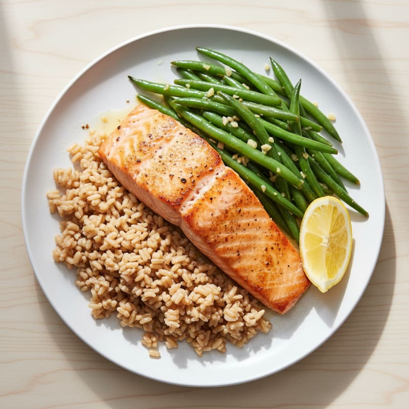 Seared Salmon with Garlic Green Beans and Brown Rice