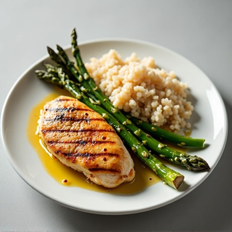 Grilled Chicken with Fluffy Brown Rice and Roasted Asparagus
