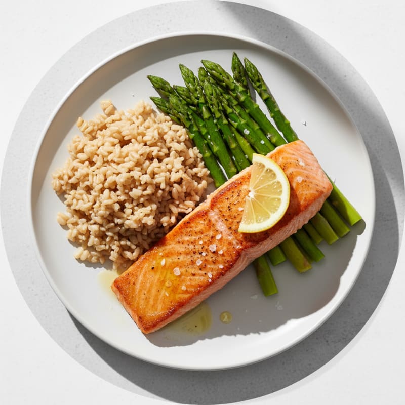 Seared Salmon with Steamed Asparagus and Brown Rice