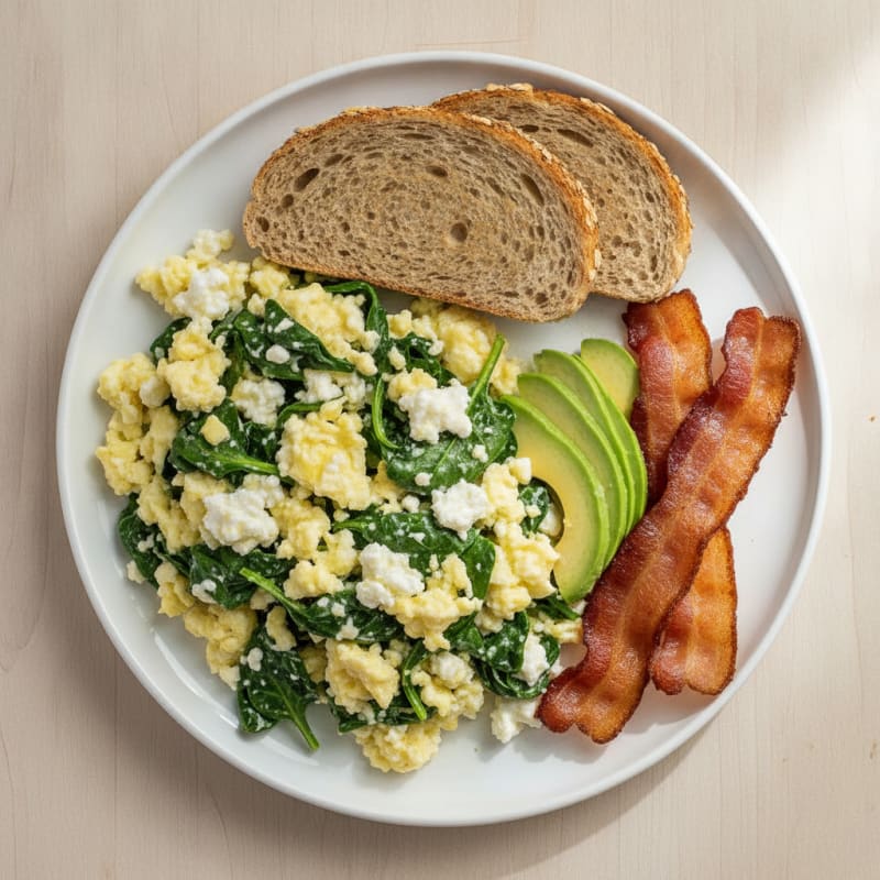 Cottage Cheese Scramble with Spinach and Turkey Bacon
