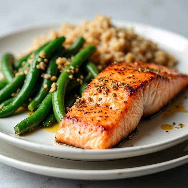 Seared Salmon Fillet with Garlic Green Beans and Brown Rice
