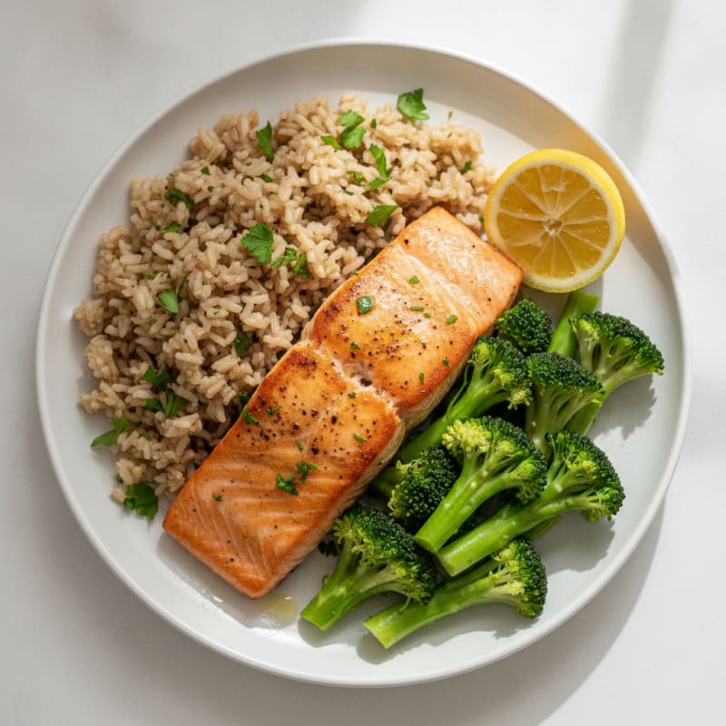 Seared Salmon with Steamed Broccoli and Herbed Brown Rice