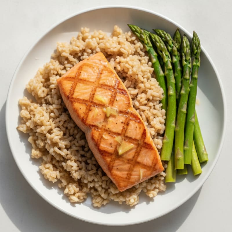 Seared Salmon with Steamed Asparagus and Brown Rice