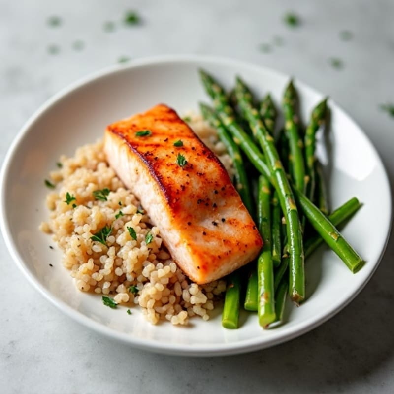 Seared Salmon Fillet with Steamed Asparagus and Brown Rice