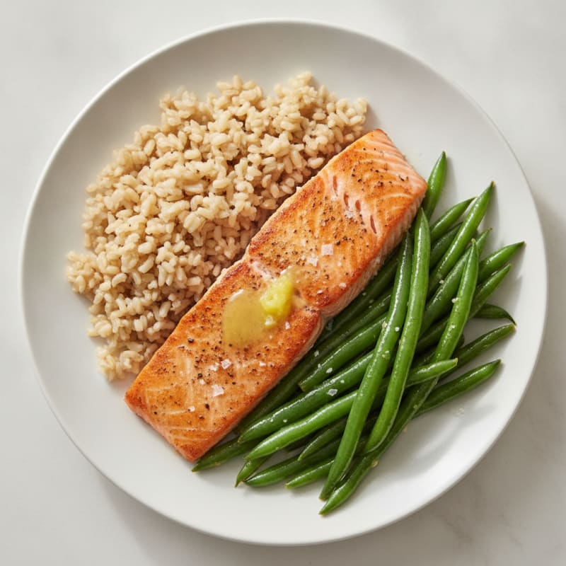Seared Salmon with Steamed Green Beans and Brown Rice