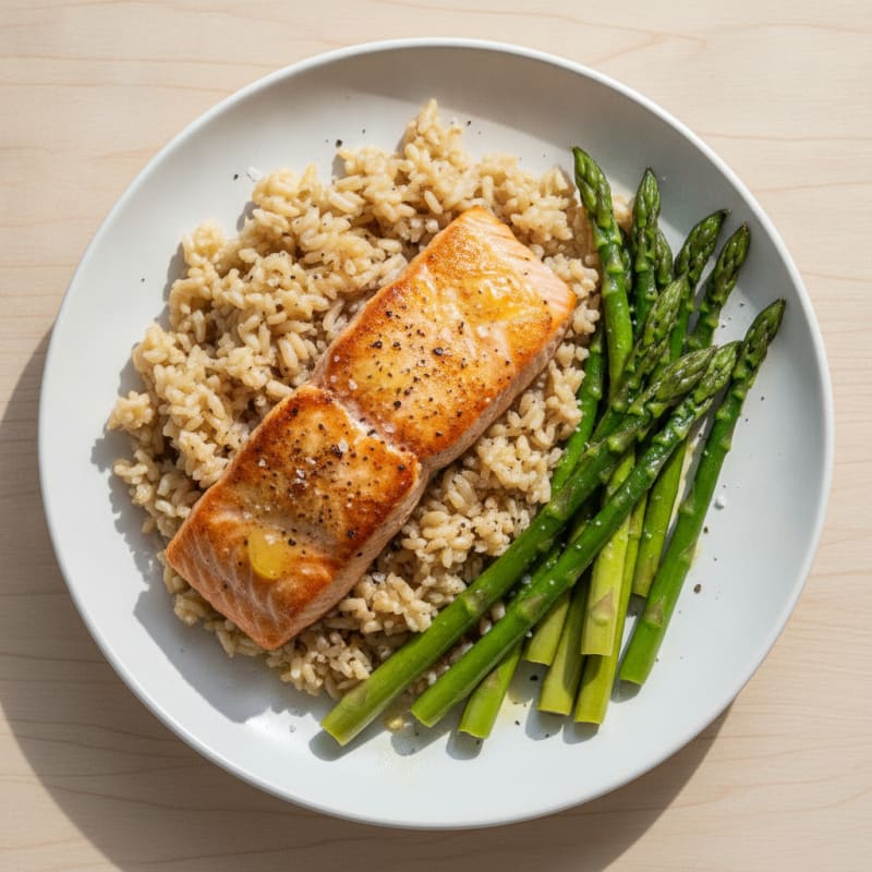 Seared Salmon with Steamed Asparagus and Brown Rice