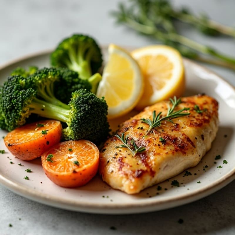 Lemon-Herb Roasted Chicken with Crispy Broccoli and Sweet Potatoes