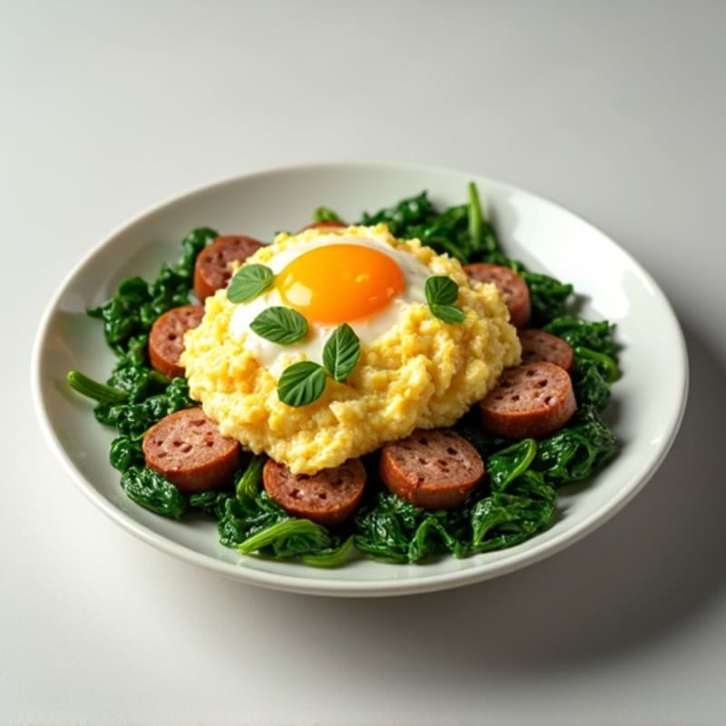 Egg White and Turkey Sausage Scramble with Sautéed Spinach