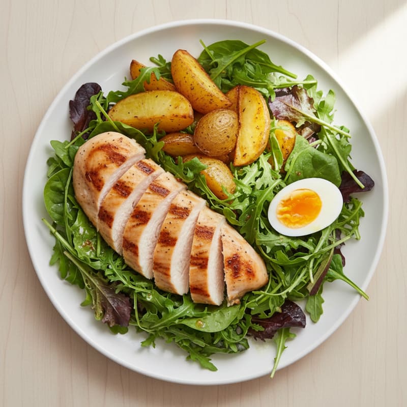 Grilled Chicken Breast Salad with Golden Potatoes and Mixed Greens