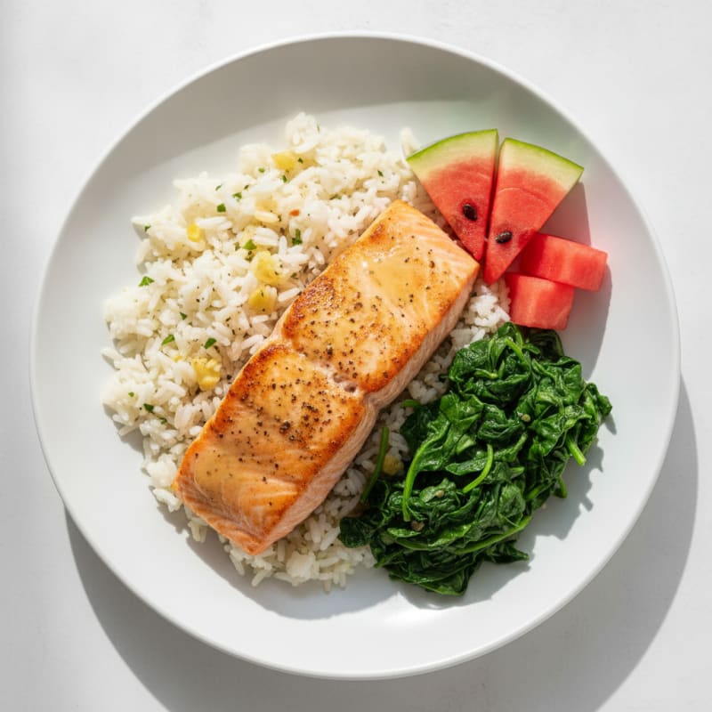 Pan-Seared Salmon with Garlic Rice and Sautéed Spinach
