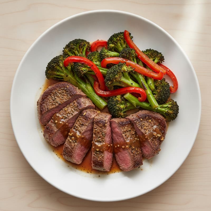 Seared Steak with Roasted Broccoli and Bell Peppers