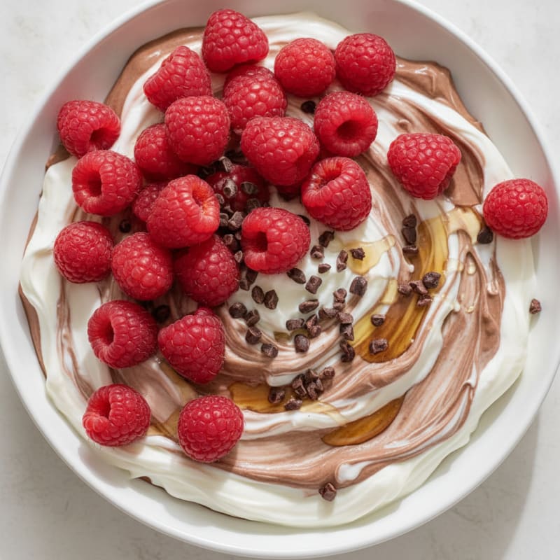 Silky Greek Yogurt with Chocolate Protein and Fresh Raspberries