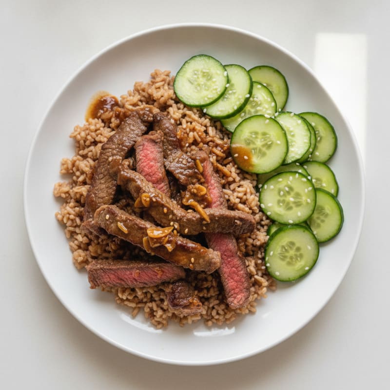 Seared Beef Strips with Brown Rice and Cucumber Salad