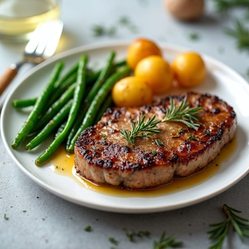 Pan-Seared Garlic Herb Steak with Crispy Roasted Potatoes and Sautéed Green Beans
