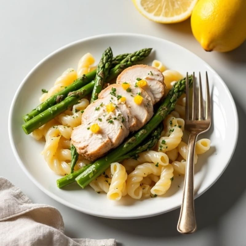 Creamy Lemon Garlic Chicken Pasta with Roasted Asparagus