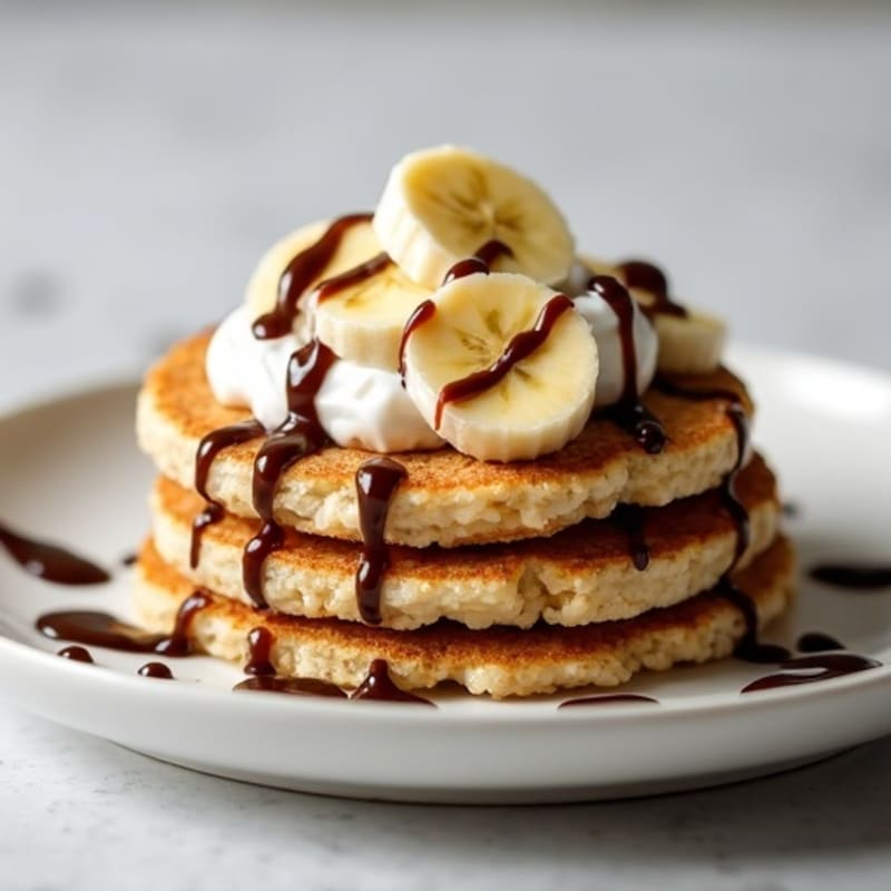 Crispy Rice Cakes with Creamy Peanut Butter, Sliced Banana, and Dark Chocolate Drizzle