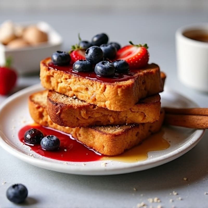 Baked Protein French Toast with Creamy Peanut Butter and Warm Berry Compote