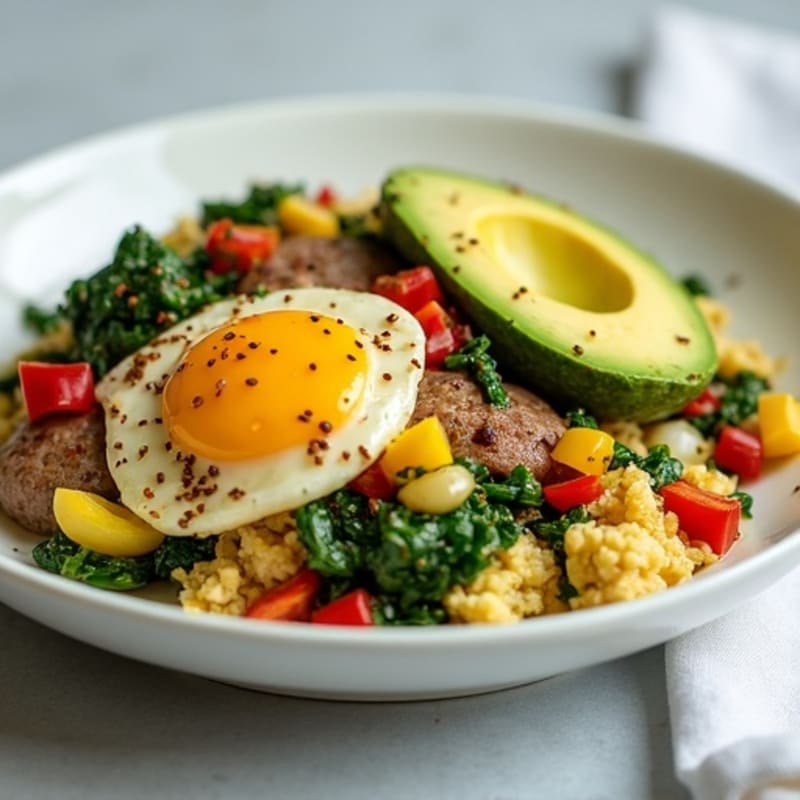 Egg White Veggie Scramble with Sautéed Spinach and Turkey Sausage