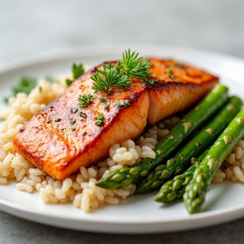 Seared Salmon with Steamed Asparagus and Brown Rice