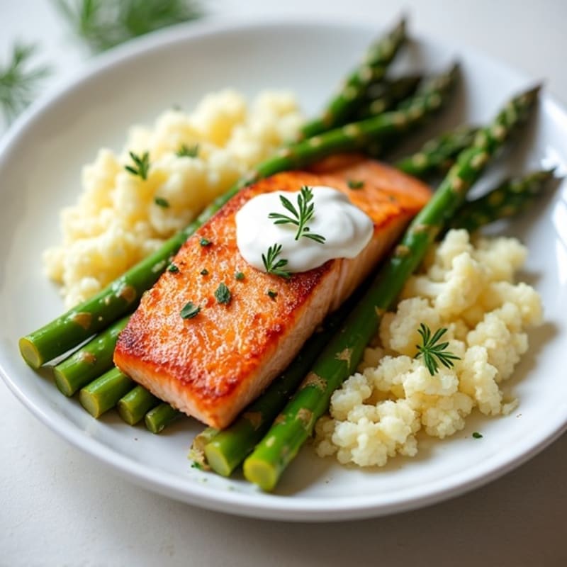 Seared Salmon with Steamed Asparagus and Cauliflower Mash