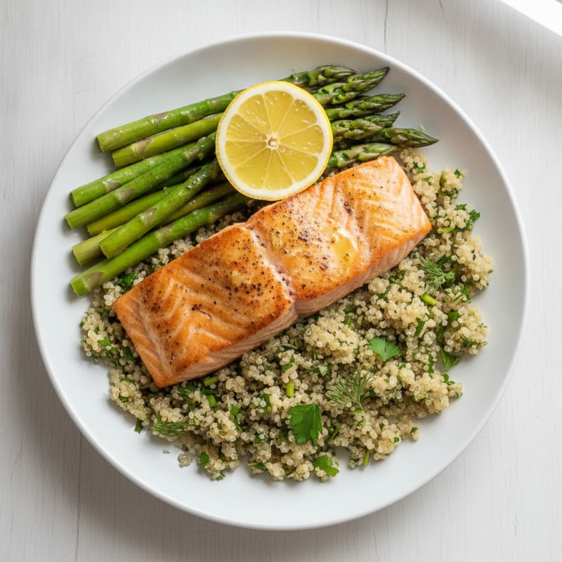 Seared Salmon Fillet with Herbed Quinoa and Steamed Asparagus