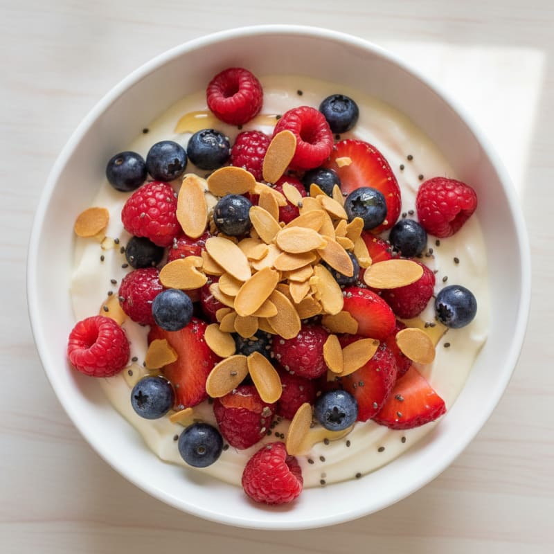 Greek Yogurt Protein Parfait with Mixed Berries and Almonds