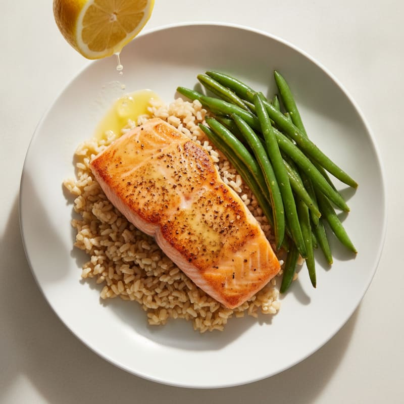 Seared Salmon with Steamed Green Beans and Brown Rice