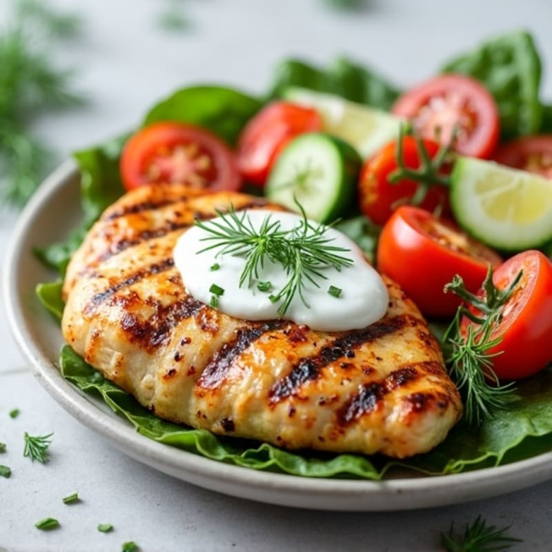 Grilled Chicken Breast with Tomato Cucumber Salad and Tzatziki