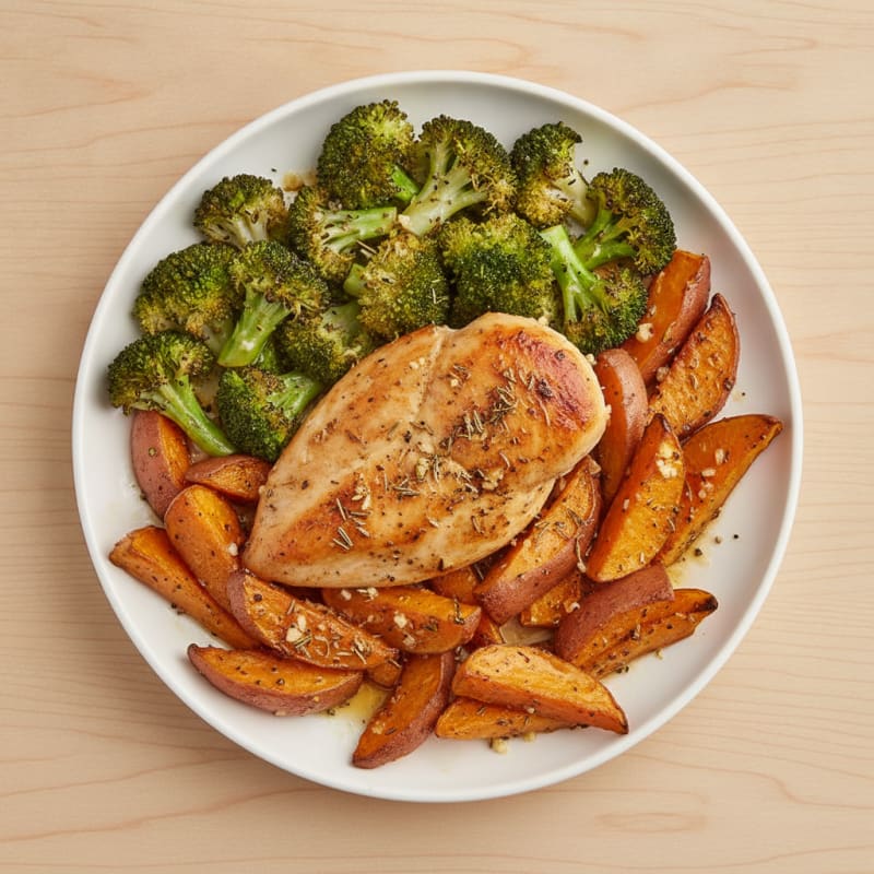 Oven-Baked Herb Chicken with Roasted Broccoli and Sweet Potato