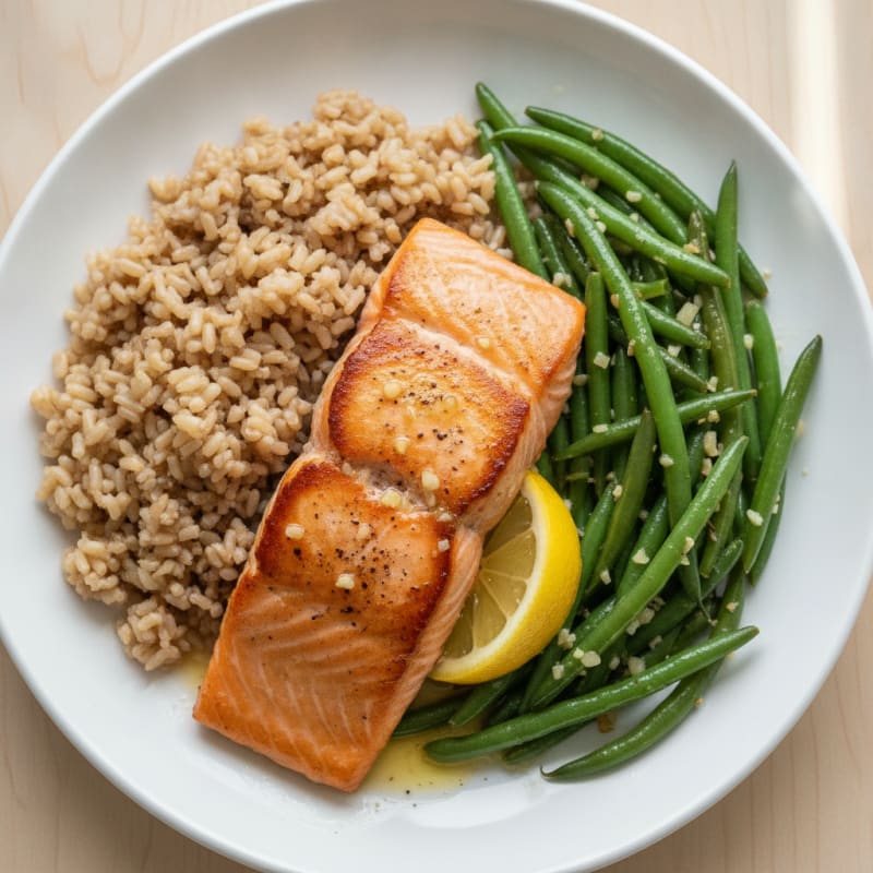 Seared Salmon Fillet with Garlic Green Beans and Brown Rice