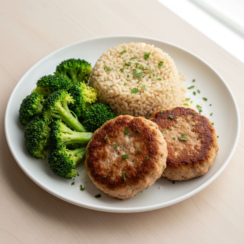 Seared Turkey Patties with Steamed Broccoli and Brown Rice