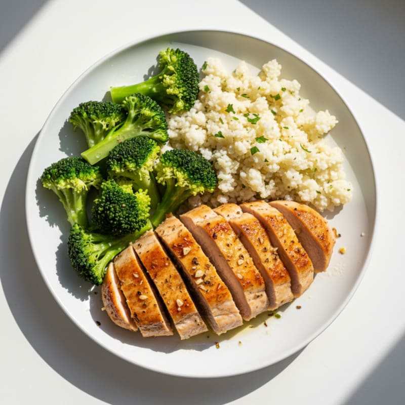 Seared Turkey Breast with Steamed Broccoli and Cauliflower Rice