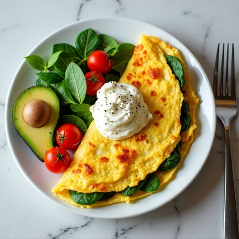 Egg White Spinach Omelette with Cottage Cheese, Cherry Tomatoes & Avocado