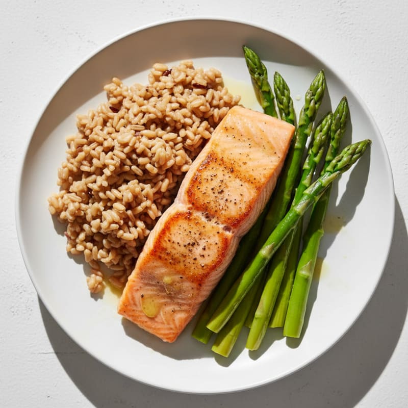 Seared Salmon with Steamed Asparagus and Brown Rice