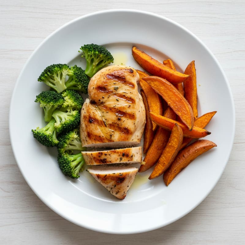 Grilled Chicken Breast with Roasted Sweet Potatoes and Steamed Broccoli