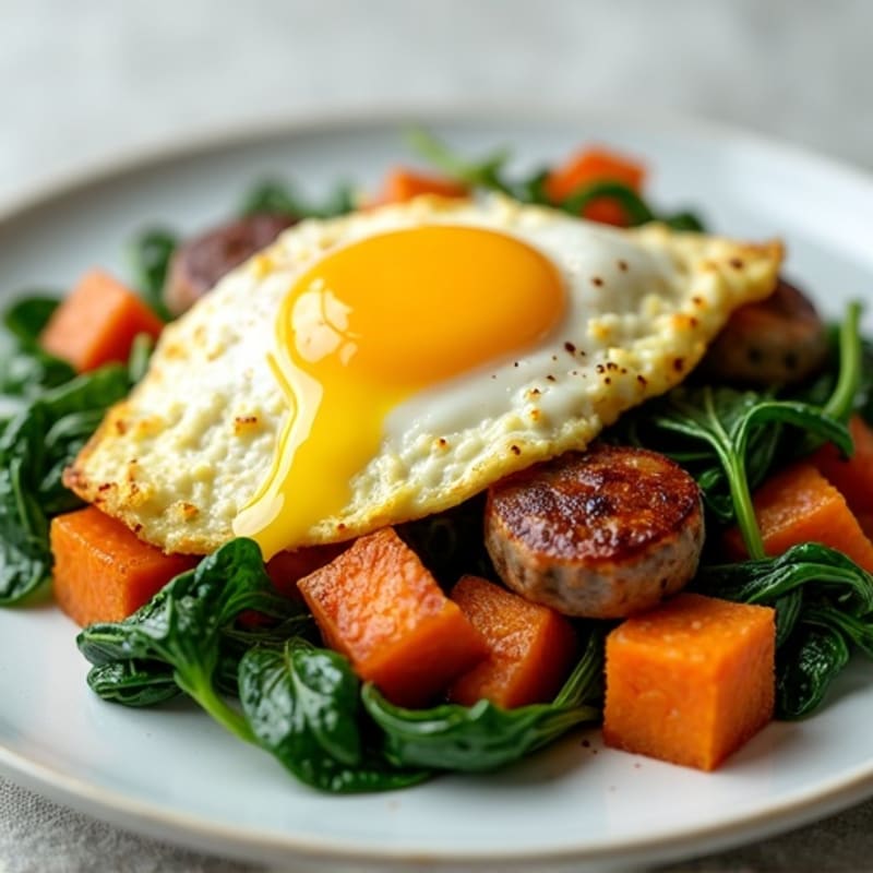 Egg White and Turkey Sausage Scramble with Spinach and Roasted Sweet Potato