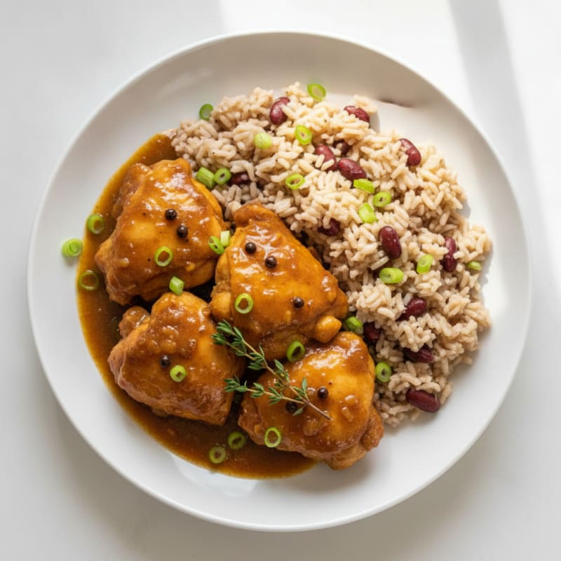Brown Stew Chicken with Rice and Peas