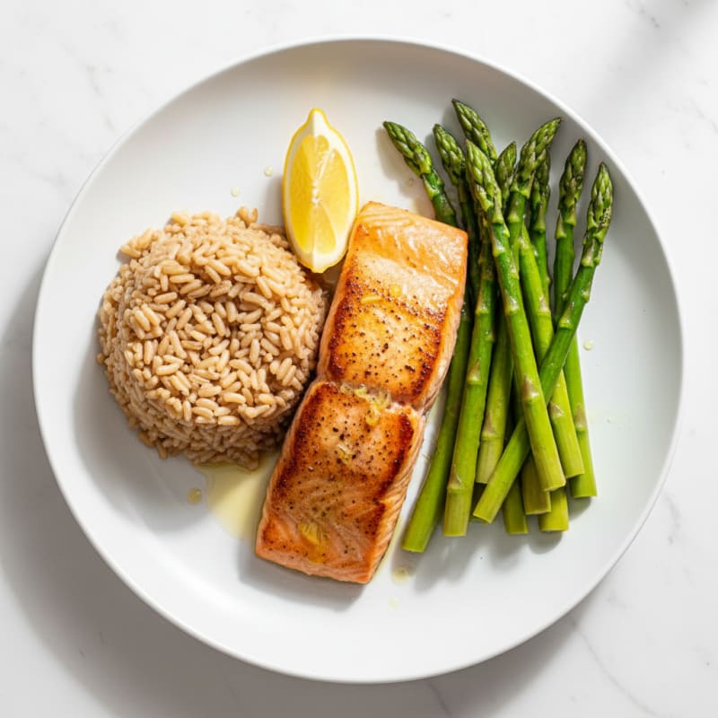 Seared Salmon Fillet with Steamed Asparagus and Brown Rice