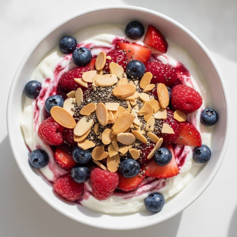 Greek Yogurt Protein Parfait with Mixed Berries and Almonds