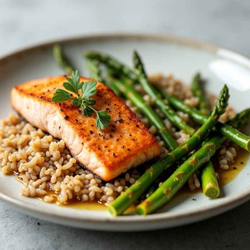 Seared Salmon Fillet with Steamed Asparagus and Brown Rice