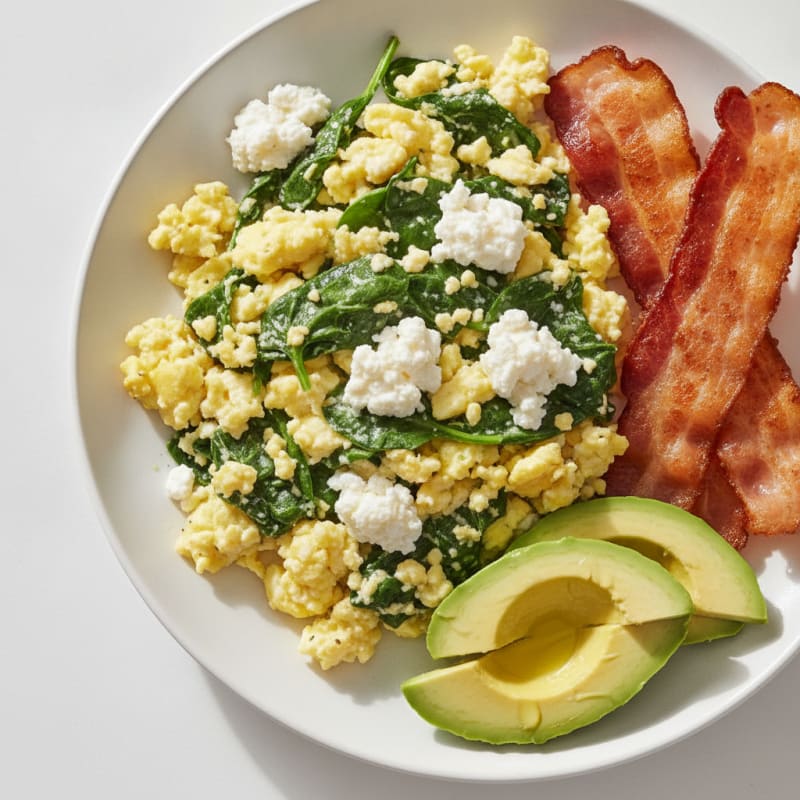 Cottage Cheese Egg Scramble with Spinach and Turkey Bacon