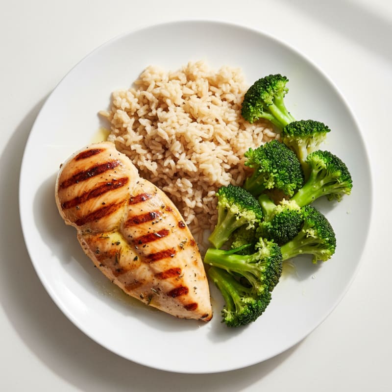 Grilled Chicken Breast with Steamed Broccoli and Brown Rice