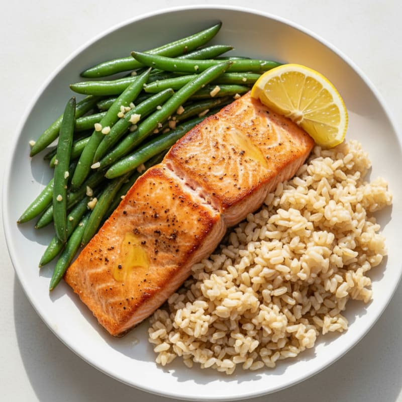 Pan-Seared Salmon with Garlic Green Beans and Brown Rice