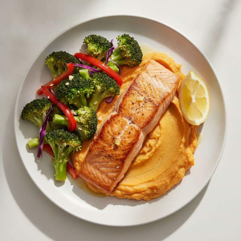 Seared Salmon with Garlic Broccoli and Sweet Potato Mash