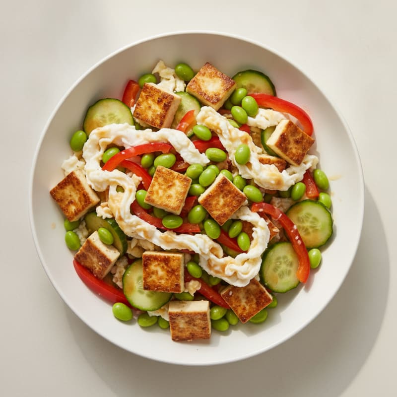 Seared Tofu and Edamame Salad with Crunchy Vegetables